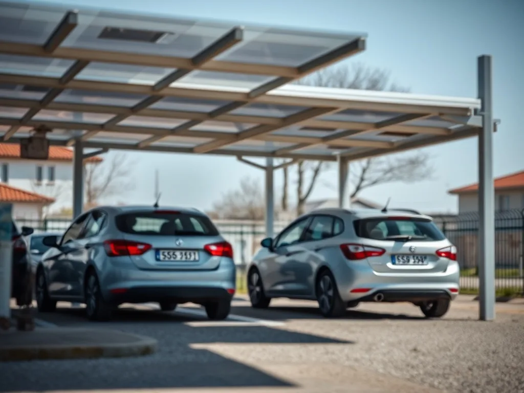 Carport photovoltaïque en aluminium pour deux voitures, panneaux solaires intégrés, borne de recharge murale visible