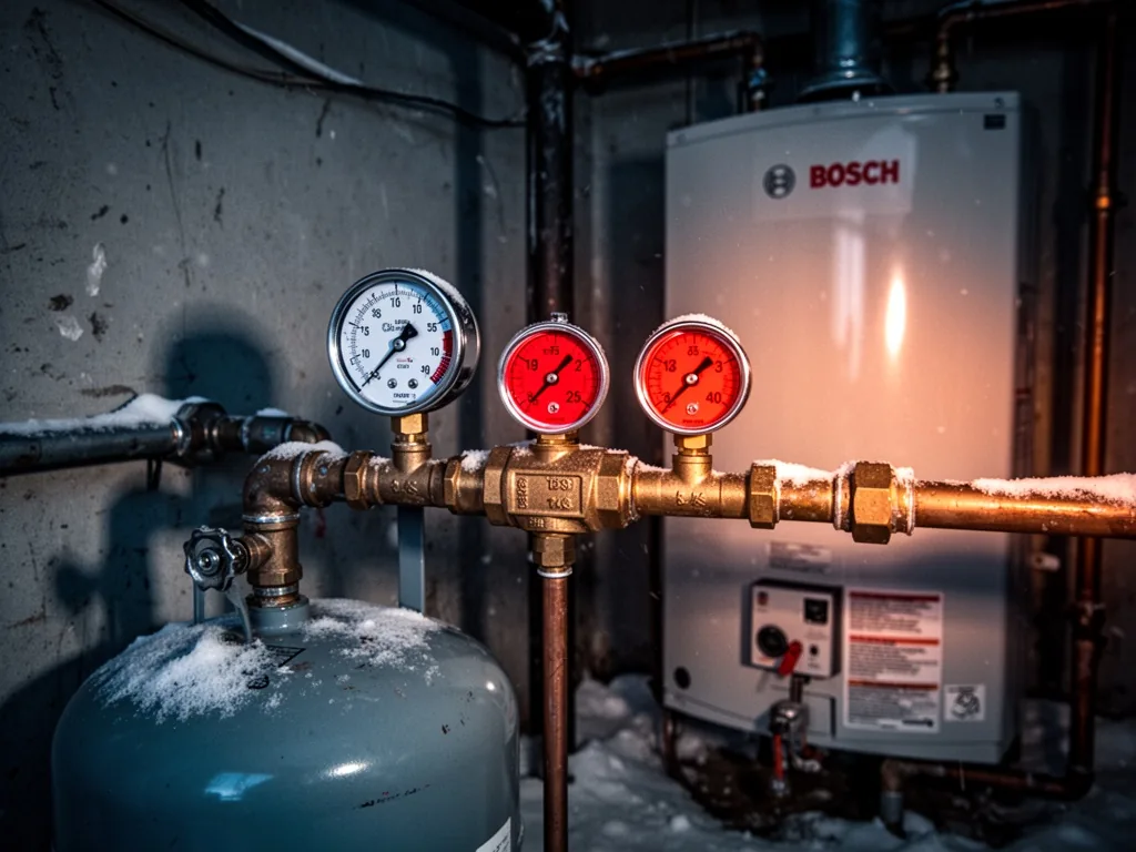 A pressure gauge and flow meter on a propane line, three red numbers highlighted, near a Bosch water heater, dim utility
