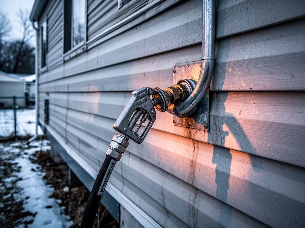 A gas hose clamped too tightly, kinked near the connection, on a mobile home exterior wall, overcast afternoon light, me