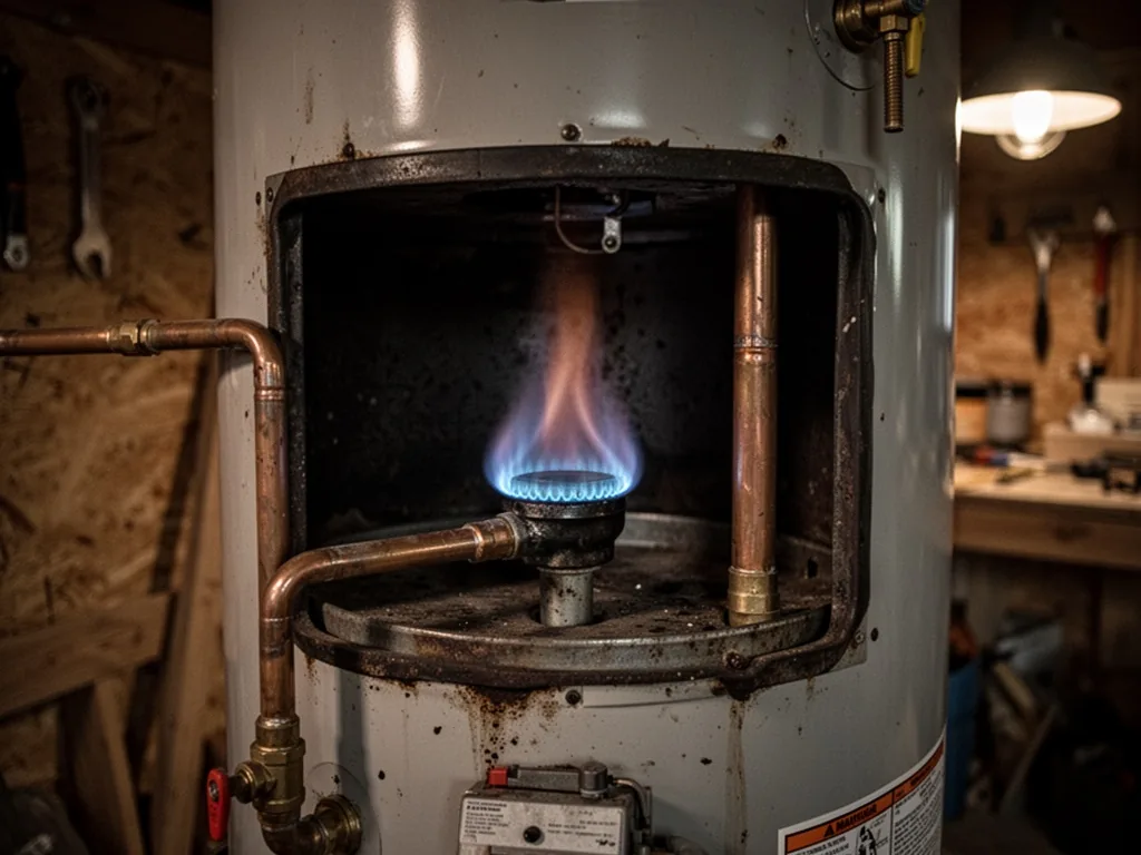 A small gas flame flickering inside a dark water heater compartment, blue core fading after five seconds, copper pipes,