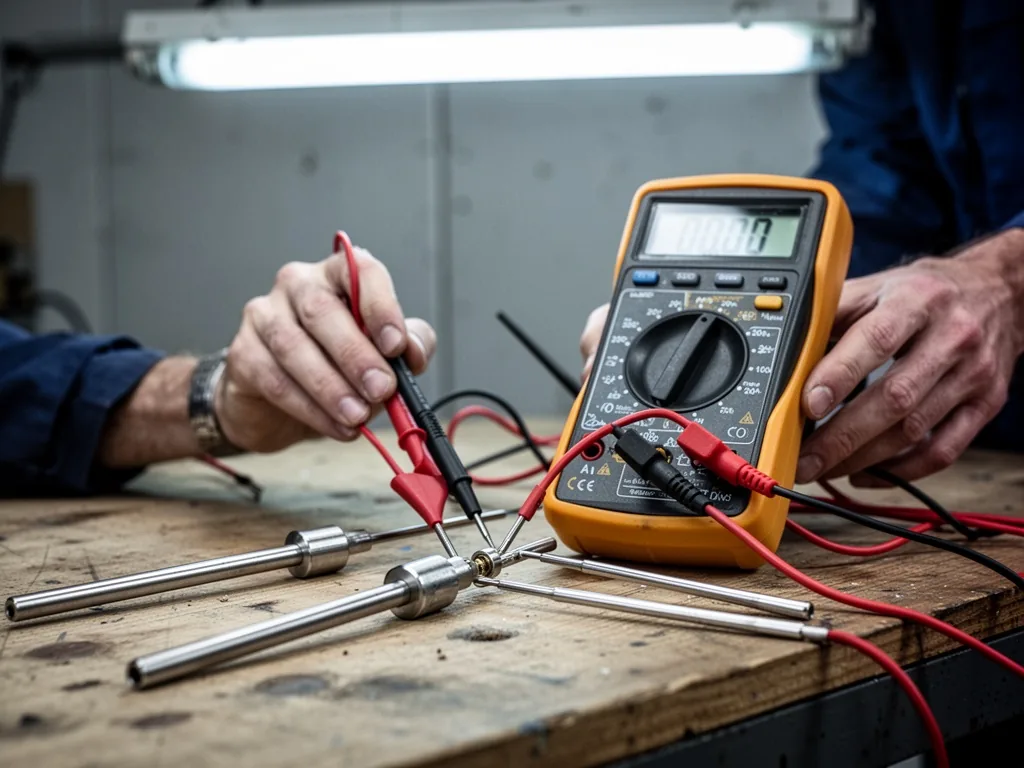 A digital multimeter with red and black test leads touching the metal terminals of a temperature probe on a wooden workb