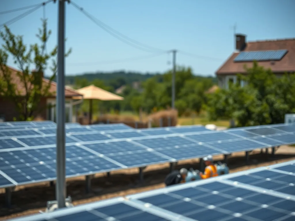 Vue en contre-plongée de panneaux photovoltaïques sur un toit résidentiel avec un ciel bleu, soulignant l'inclinaison et