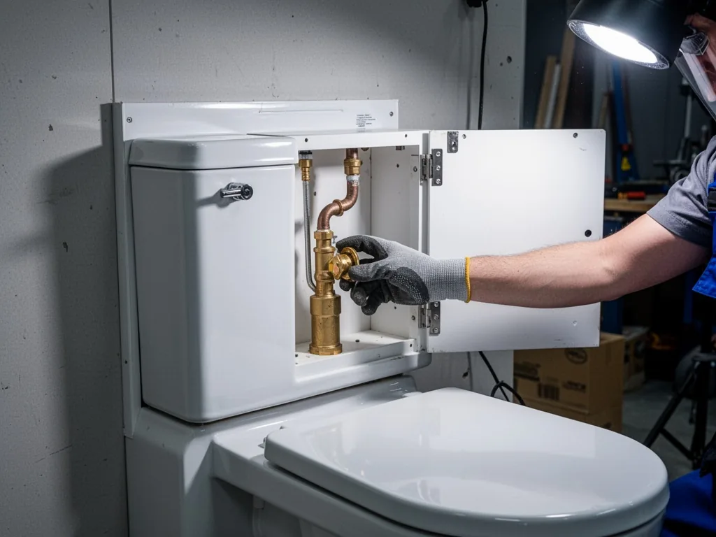 A concealed toilet tank behind a white access panel, a plumber's gloved hand adjusting a brass fitting inside, dim works