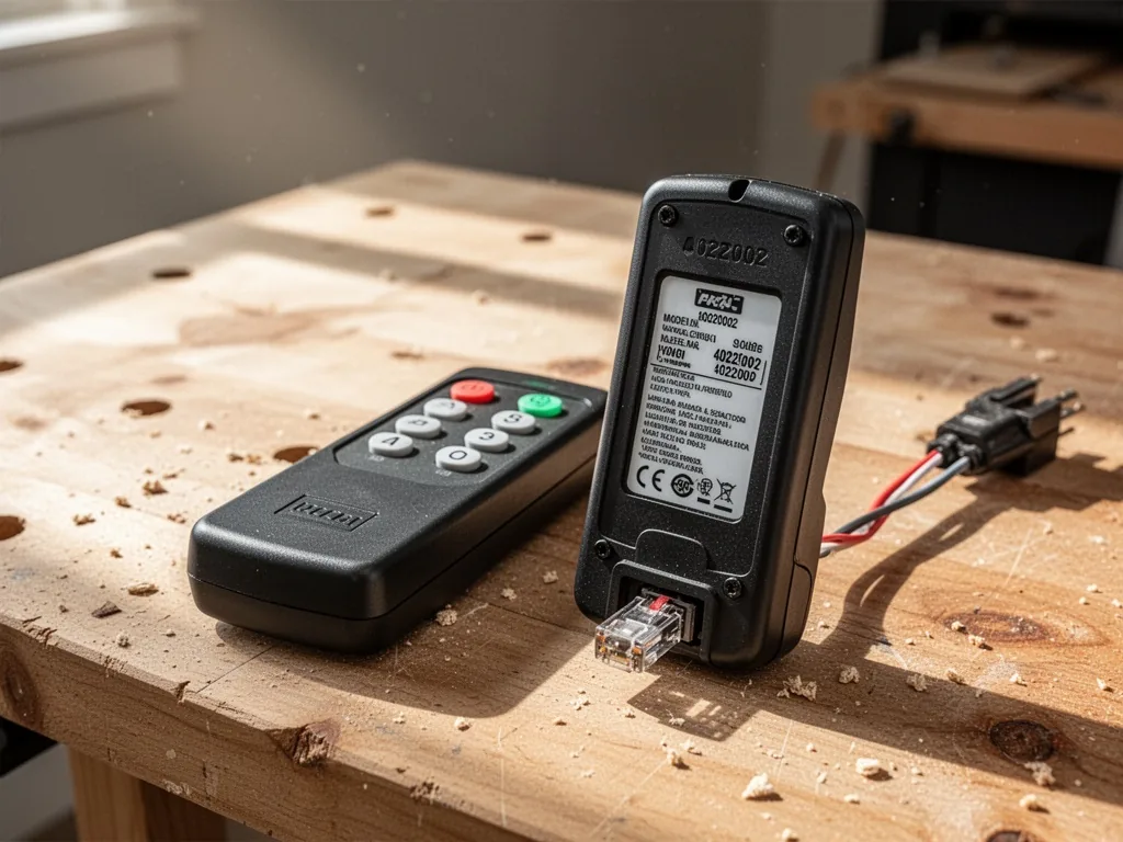 A pellet stove remote control with model number 4022002 clearly visible on its back, placed next to an incompatible cabl