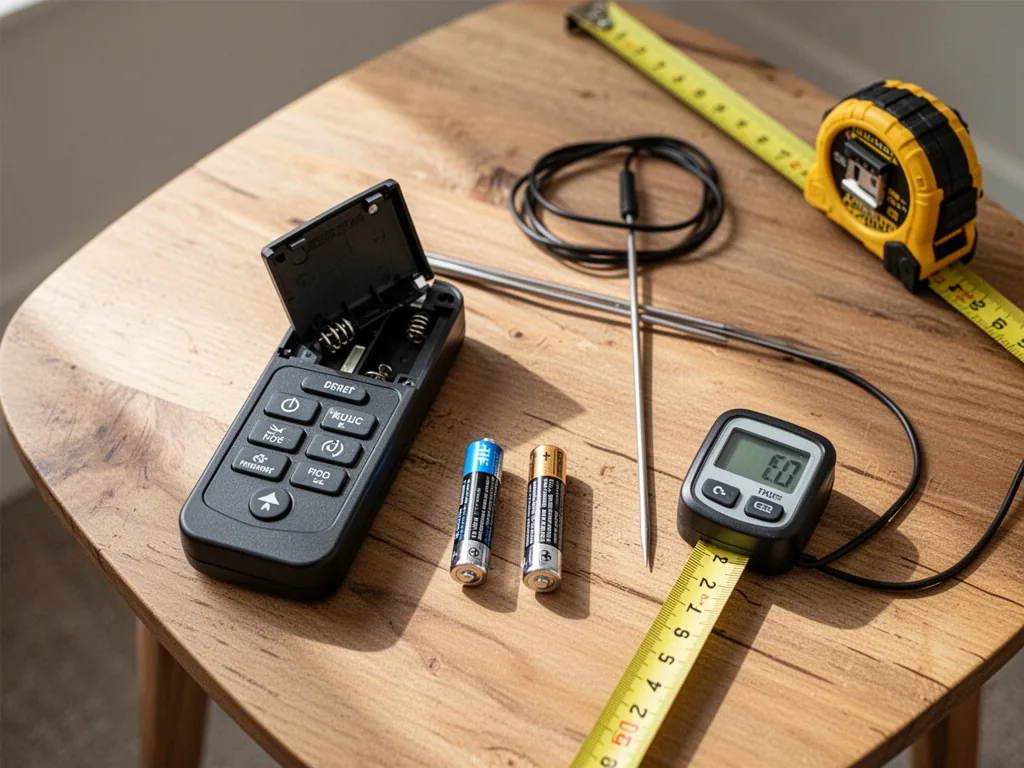 Overhead view of a wooden table with a pellet stove remote, open battery compartment, two AA batteries, a digital temper